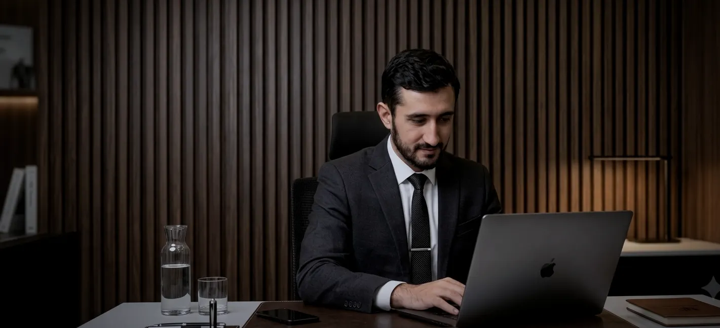 Ijaz Khan working on a laptop at his executive office desk