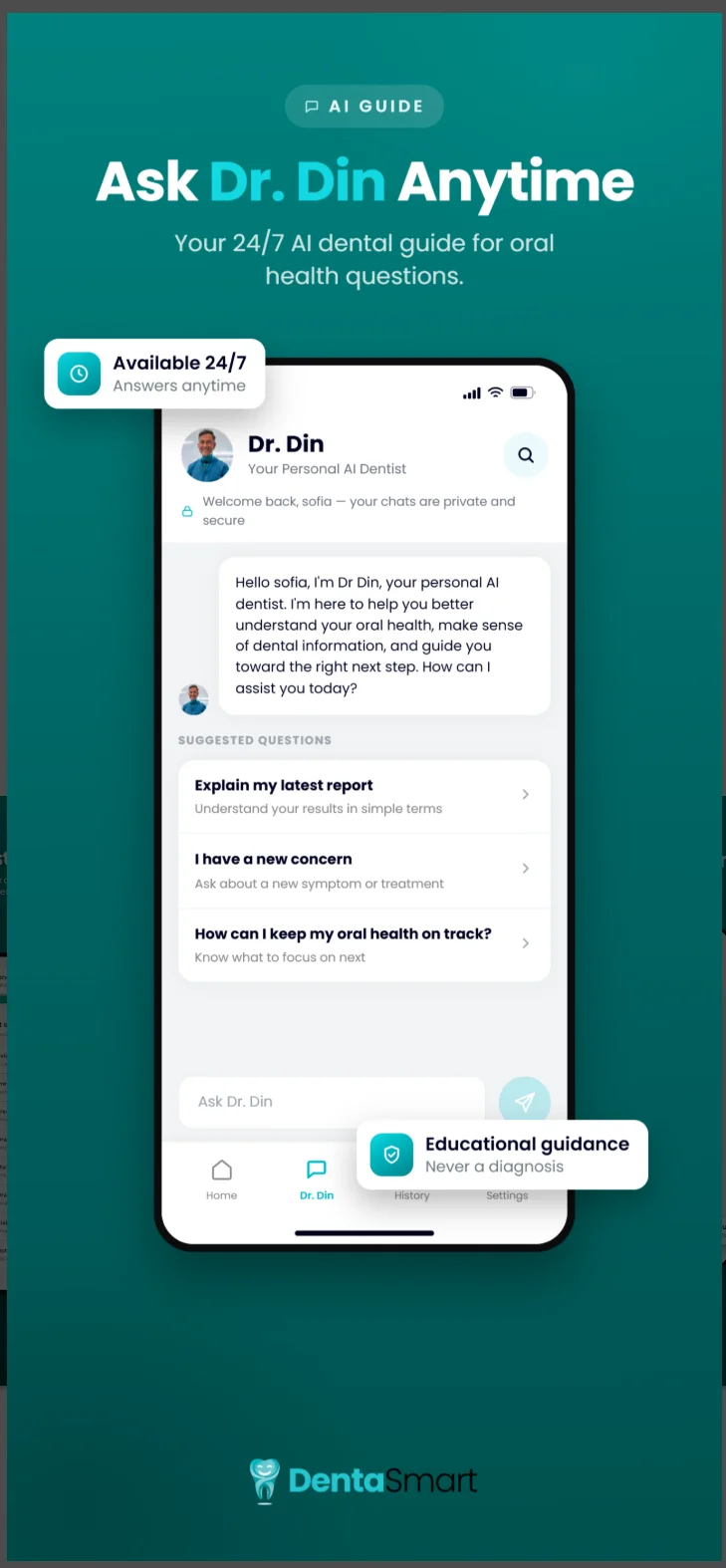 Owner-supplied public mobile AI-guide promotional panel. Marketing text is product context, not independently verified clinical, privacy or availability evidence.