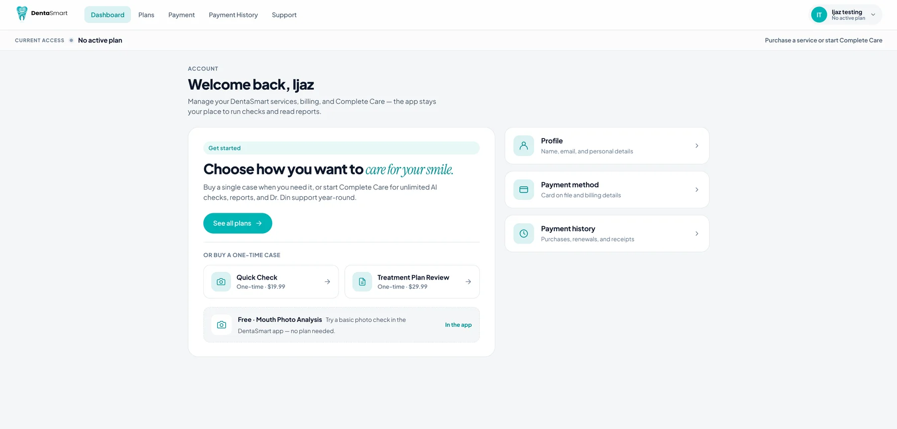 Pre-release web account portal: service access, profile, payment method and payment-history entry points. The web application is not publicly live.