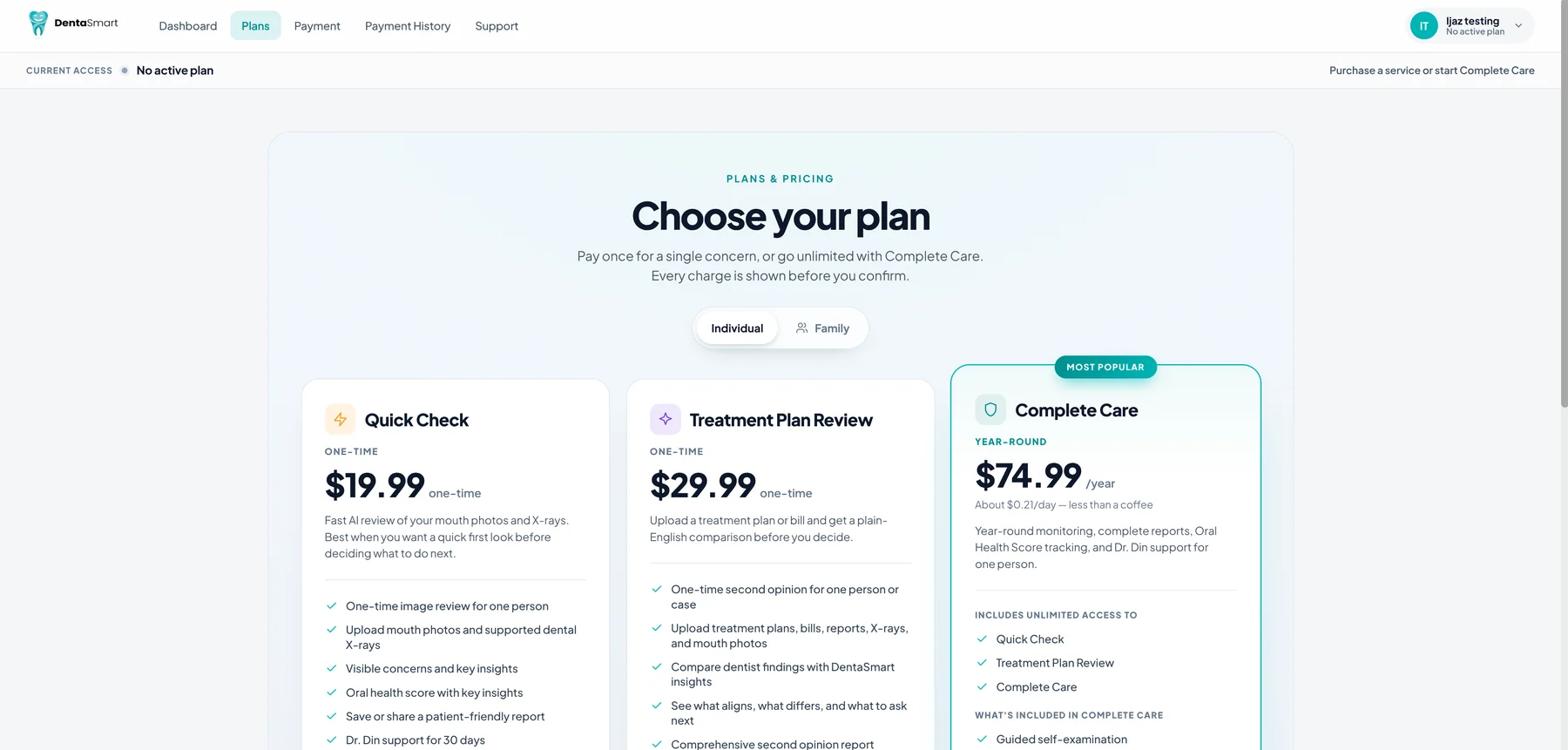 Pre-release plan-selection screen for one-time services and subscription access. Displayed prices are preview content, not verified current offers.
