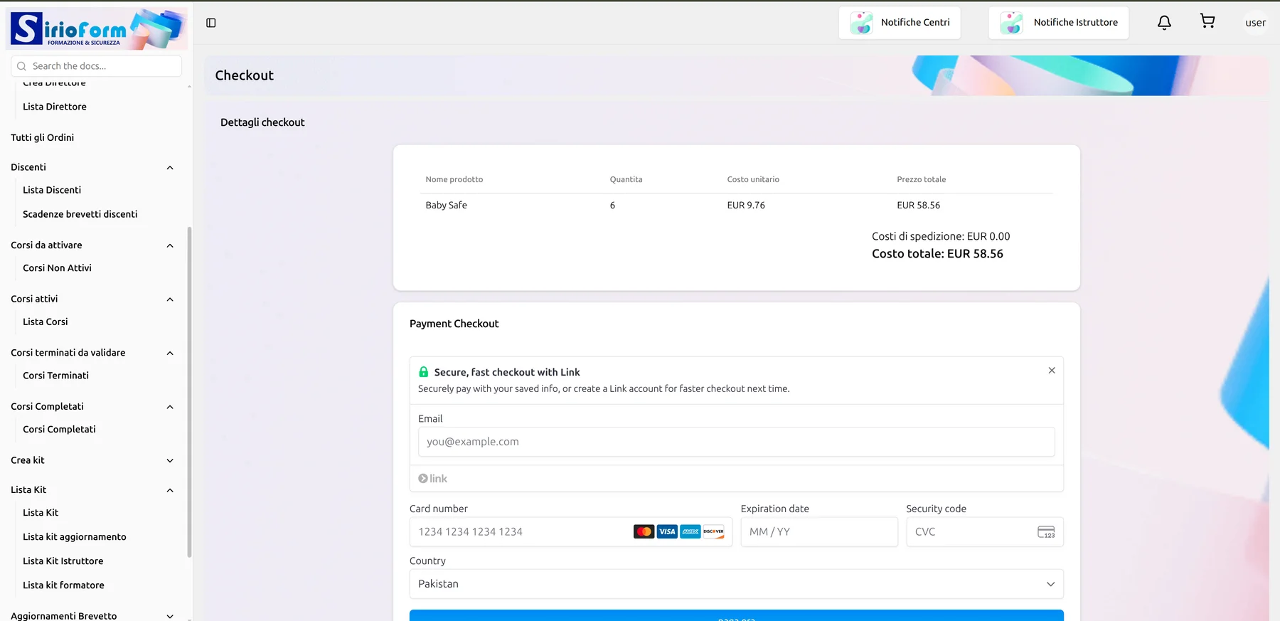 Kit checkout with embedded Stripe payment collection. Payment fields are empty; displayed amounts belong to the supplied preview, not a portfolio service quote.