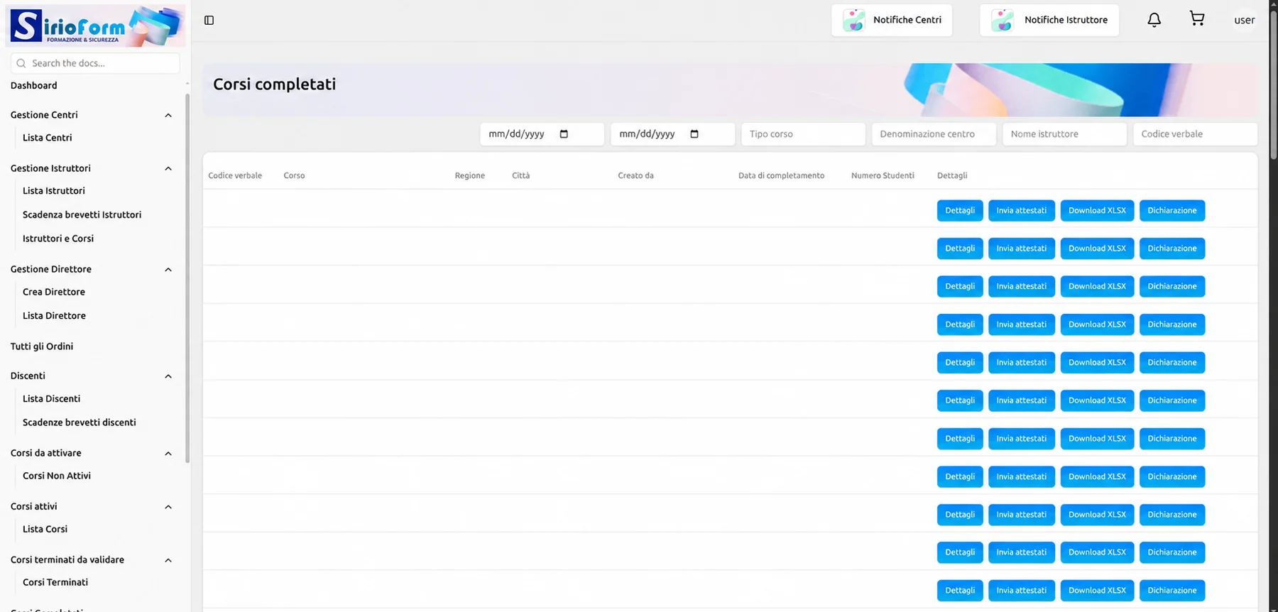 Completed-course administration and certificate actions. AI-assisted privacy edit: all table record values removed; this is not an empty production database.