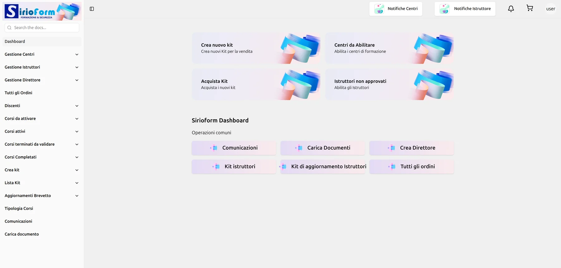 SirioForm operations dashboard: entry points for training administration, instructor management and kit orders.