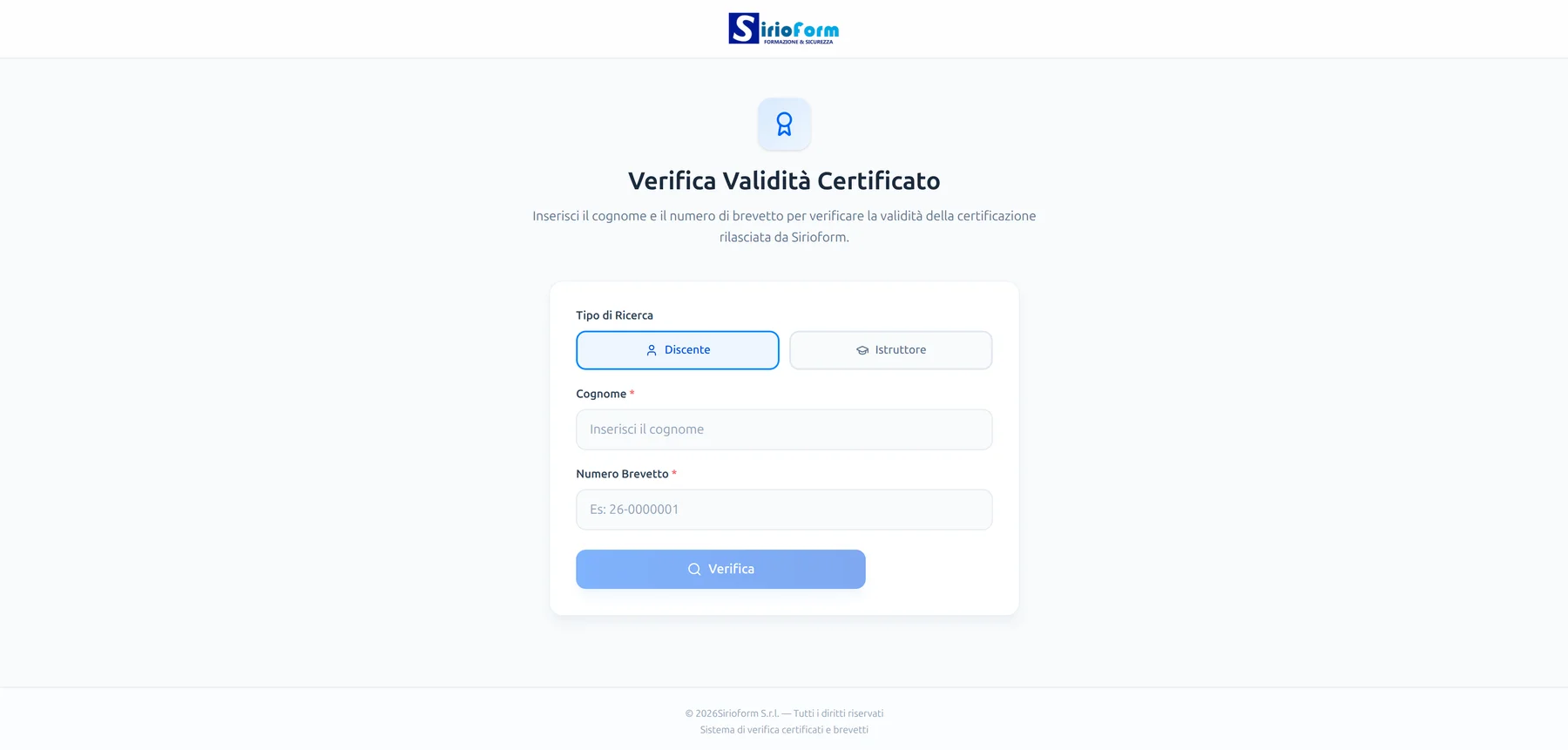 Public certificate-verification form for learners and instructors. No personal search data is shown.